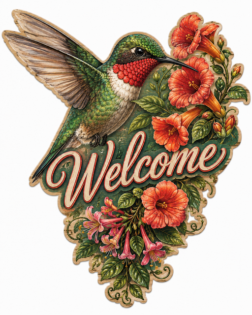 Welcome Hummingbird, PS-W-0023, 12in Sign For Wreath, Wood Wreath Sign
