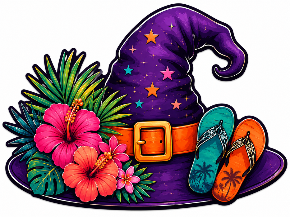 Tropical Witch Hat with Flip Flops, SCW-W-0007, 12in Sign For Wreath, Wood Wreath Sign