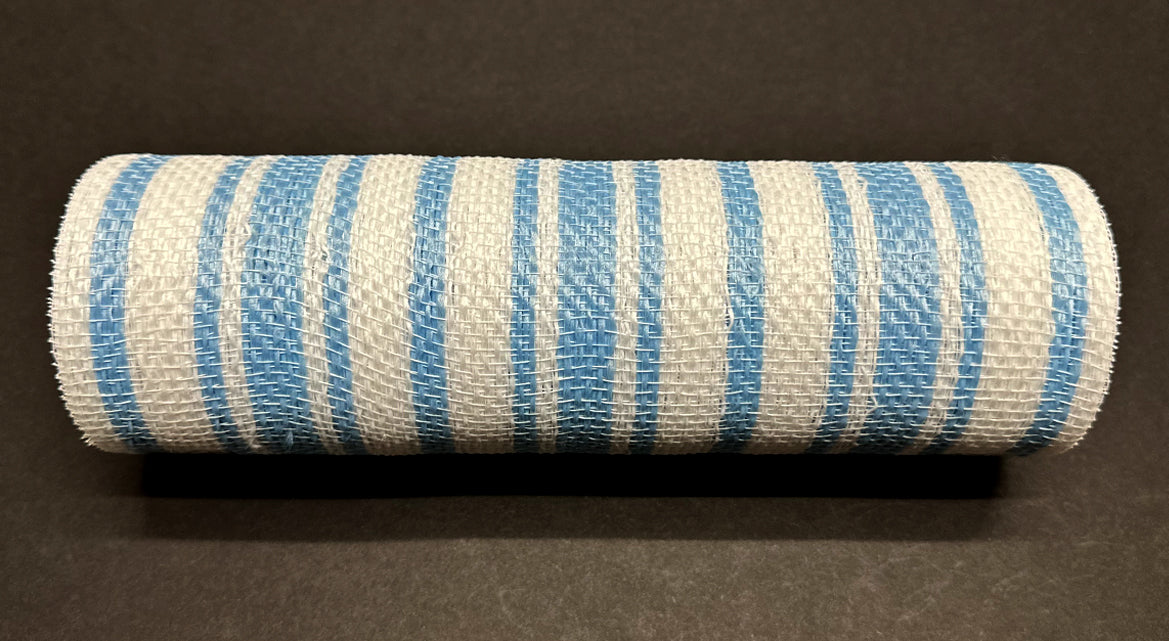 White And Light Blue Ticking Fabric Deco Mesh, 10 Inches X 10 Yards XB240310-04 - DecoExchange®