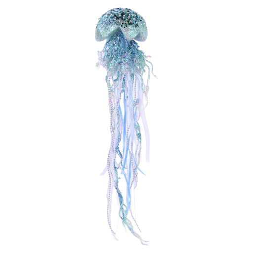 18"Lx3.25"Dia Pearl/Sequin Jellyfish Orn Light Blue/Ivory XJ7058 - DecoExchange®