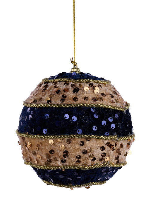 4.25"Dia Velvet/Sequin Striped Ball Orn Navy Blue/Gold XJ714867 - DecoExchange®