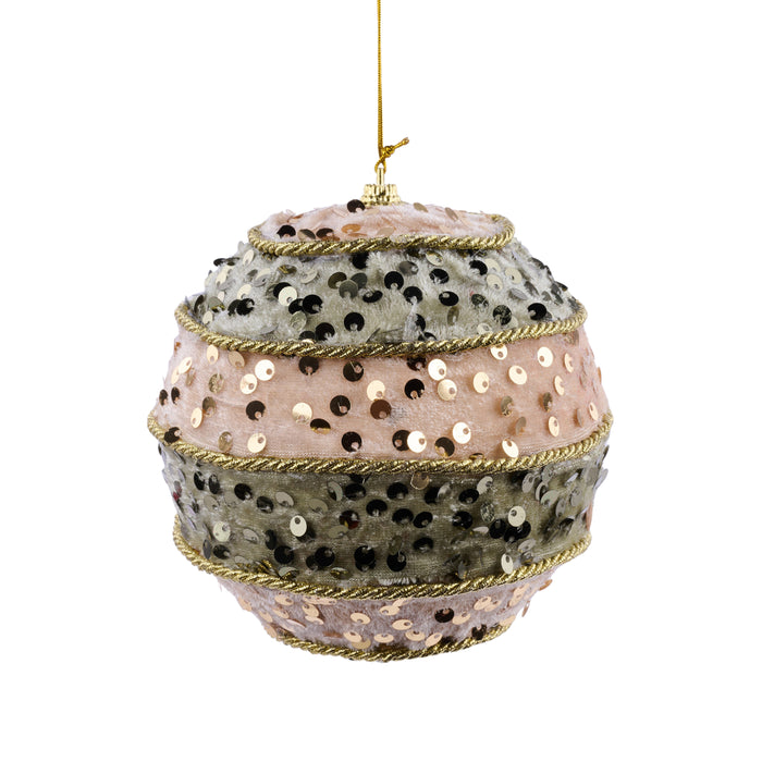 4.25"Dia Velvet/Sequin Striped Ball Orn Sage/Champagne/Gold XJ714895 - DecoExchange®