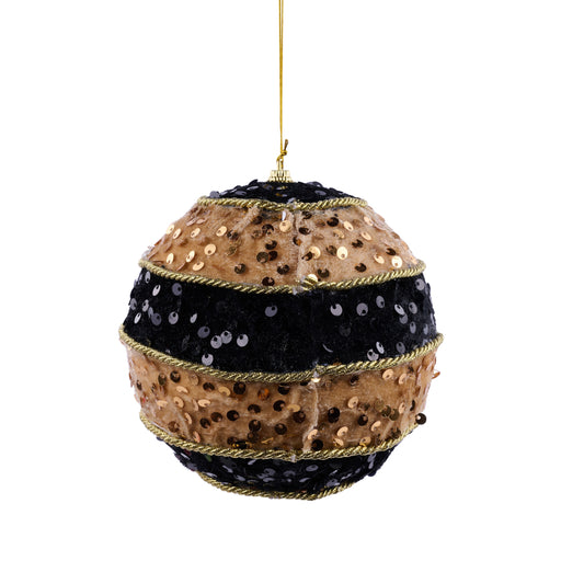 5.5"Dia Velvet/Sequin Striped Ball Orn Black/Gold XJ715060 - DecoExchange®