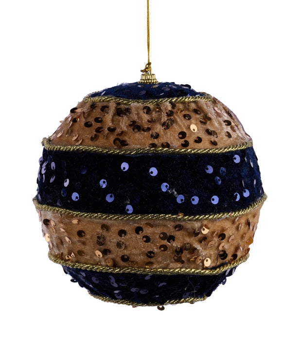 5.5"Dia Velvet/Sequin Striped Ball Orn Navy Blue/Gold XJ715067 - DecoExchange®