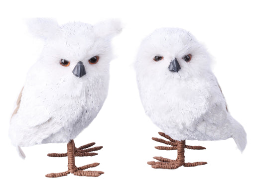 2 Asst 8"H-9.25"H Faux Fur Standing Owl White/Silver XN8174 - DecoExchange®