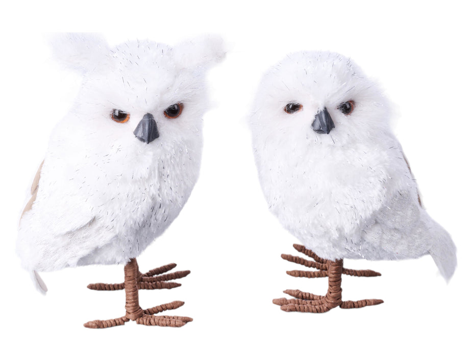 2 Asst 8"H-9.25"H Faux Fur Standing Owl White/Silver XN8174 - DecoExchange®