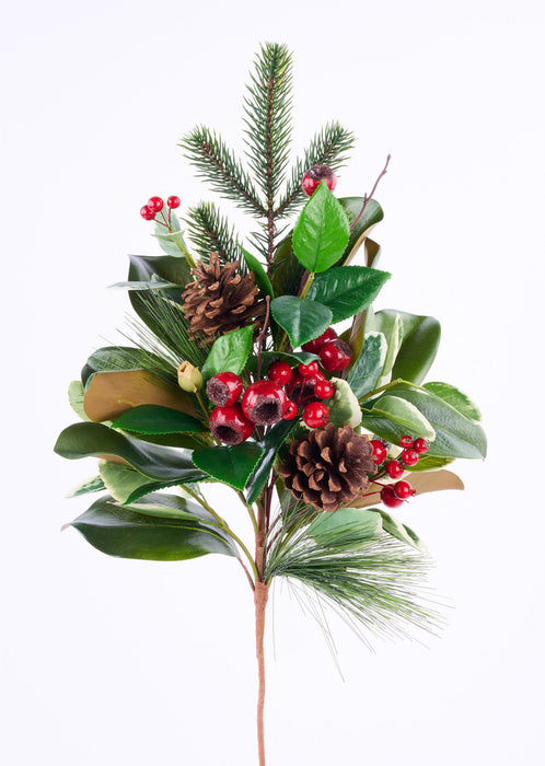 28"L Magnolia/Pine/Holly/Berry Spray Tt Green/Red XX8672 - DecoExchange