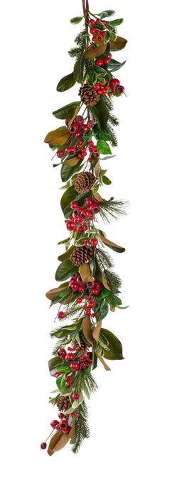 60"L Magnolia/Pine/Holly/Berry Garland Two-Tone Green/Red XX8674