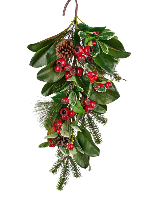 24"L Magnolia/Pine/Holly/Berry Teardrop Two-Tone Green/Red XX8675