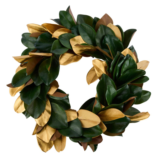 27"Dia Metallic Magnolia Leaf Wreath Green/Gold XX972584 - DecoExchange