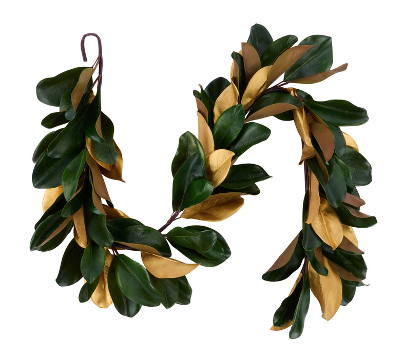 5'L Metallic Magnolia Leaf Garland Green/Gold XX972684
