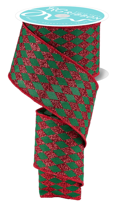 2.5"X10YD Glitter Harlequin Emerald Green/Red RGH144158