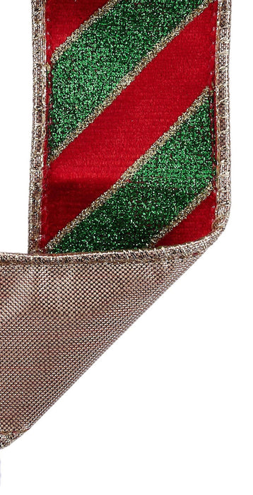 1.5"X10YD Velvet/Glitter Diagonal Stripe/Fused Red/Emerald/Gold LX700858