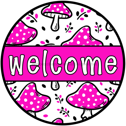 Beauty Pink Mushroom Door Hanger, Welcome Door Hanger, DCO-01309-DH, 18" Round Wood Door Hanger - DecoExchange®