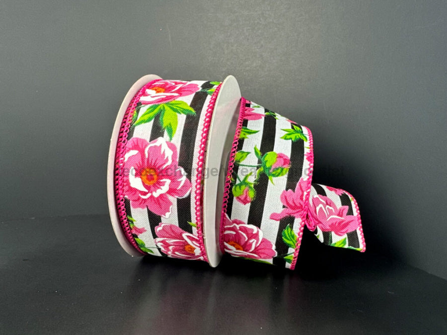 Blk-Wht Cabana Strp/Fuchsia Peonies 1.5’’X10Y 41544-09-21 Ribbon