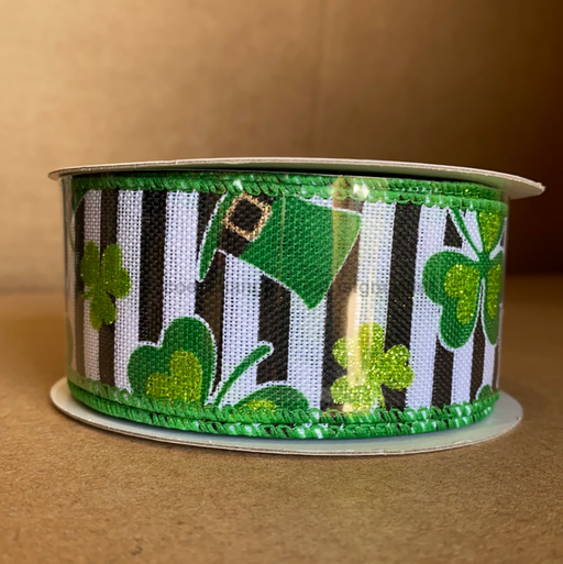 Blk Wht Linen Strp/Brt Clovers-Hats, 1.5"X10Y Ea 21007-09-09 - DecoExchange