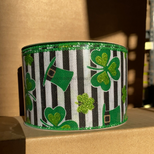 Blk Wht Linen Strp/Brt Clovers-Hats, 2.5"X10Y Ea 21007-40-09 - DecoExchange