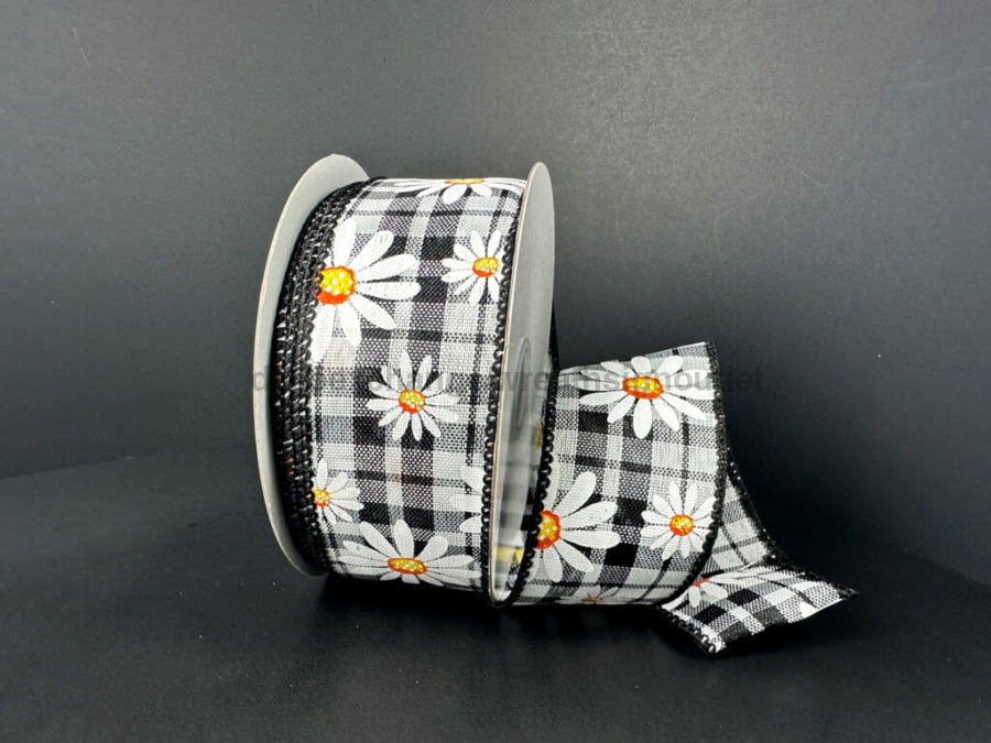 Black-White Plaid/White Daisies-Orange Centers 1.5’’X10Y 41506-09-21 Ribbon