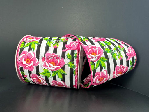 Blk-Wht Cabana Strp/Fuchsia Peonies 4’’X10Y 41544-04-21 Ribbon