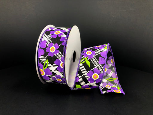 Blk-Wht Diag Pld/Purp Flowers 1.5X10Y 41331-09-11 Ribbon