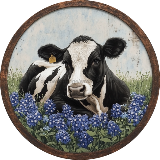 Blue Bonnets and Cow Sign, DECOE-5303-D, Sign For Wreath, 10" Wood Sign
