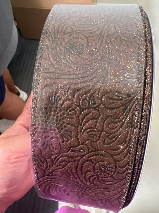 Brown Glittered Flower Embossed 2.5’’X50Y 72433-40-38C Ribbon