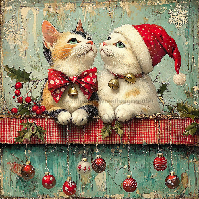 Christmas Cat Sign, DCO-102425, Sign For Wreath, 10x10in Metal Sign