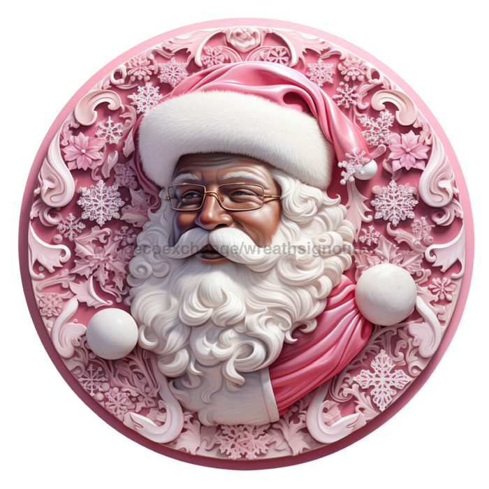 Christmas Door Hanger, Pink Santa, DECOE-4661, Sign For Wreath, 18" Wood Round - DecoExchange®