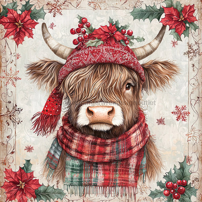 Christmas Highland Cow Sign, DCO-102173, Sign For Wreath, 10x10in Metal Sign