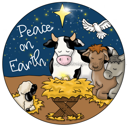 Christmas Sign Peace On Earth Nativity Religious Wood Sign Pcd-053-Dh 18 Door Hanger Wood Round