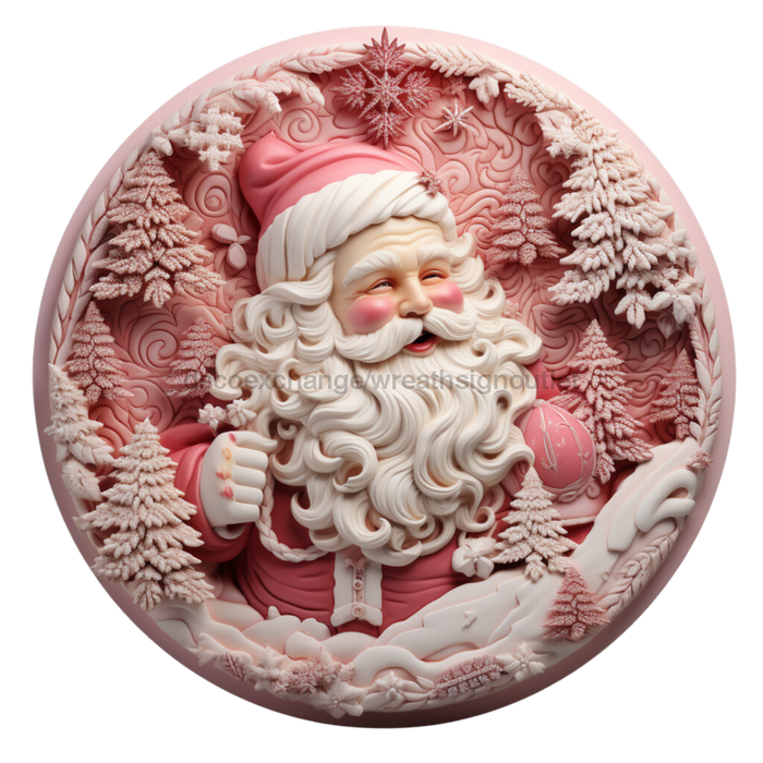 Christmas Sign, Pink Santa, DECOE-4656, Sign For Wreath, 10" Round Metal Sign - DecoExchange®