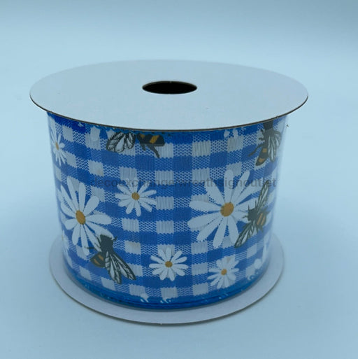 Cobalt-Wht Ginghm/Daisies-Bees, 2.5"X10Y 41232-40-25 - DecoExchange