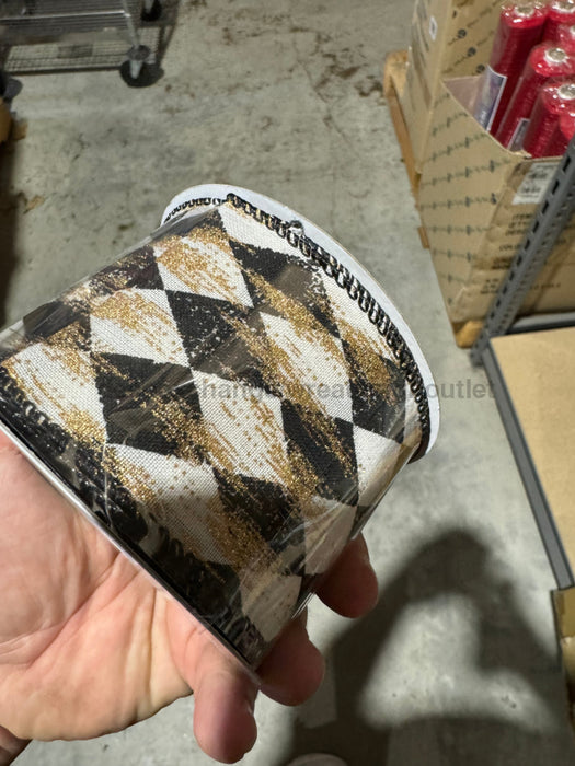 Cream Canvas/Black Faded Harlequin/Gold Metallic 2.5’’X10Y 72437-40-20 Ribbon