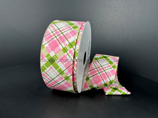 Cream Diagonal Linen/Pink-Moss-White Argyle 1.5’’X10Y 46512-09-24 Ribbon