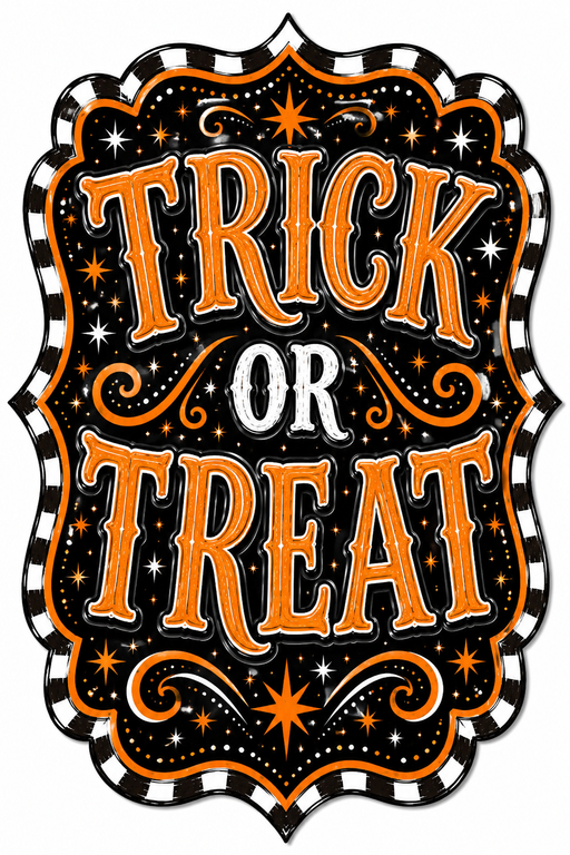 Trick or Treat Orange Check Marquee, DBJ-W-0045, 12in Sign For Wreath, Wood Wreath Sign - DecoExchange®