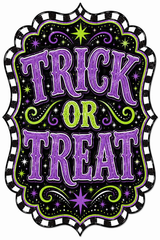 Trick or Treat Purple Check Marquee, DBJ-W-0044, 12in Sign For Wreath, Wood Wreath Sign - DecoExchange®
