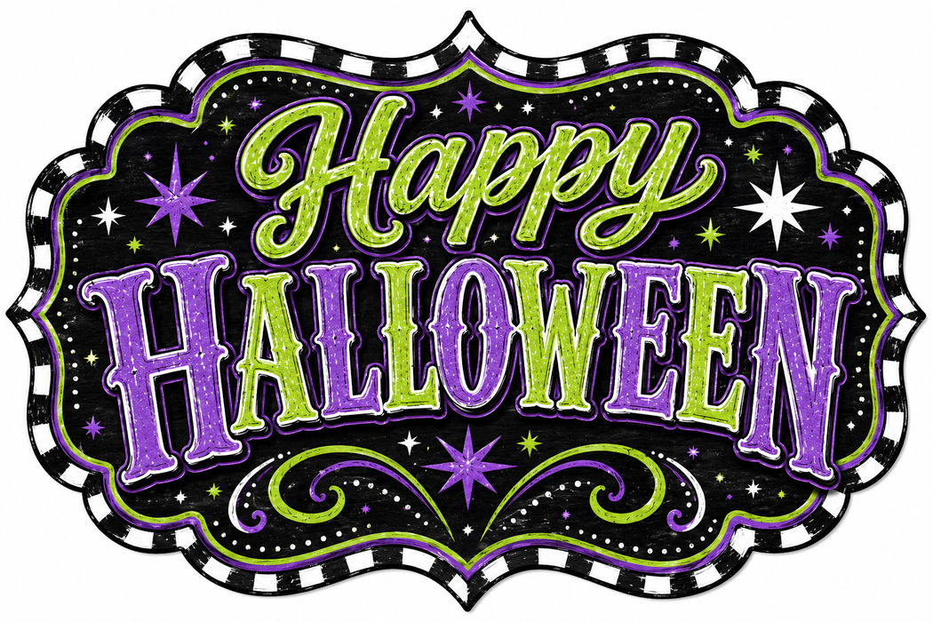 Happy Halloween Purple Check Marquee, DBJ-W-0047, 12in Sign For Wreath, Wood Wreath Sign - DecoExchange®