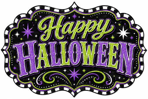 Happy Halloween Purple Check Marquee, DBJ-W-0047, 12in Sign For Wreath, Wood Wreath Sign - DecoExchange®