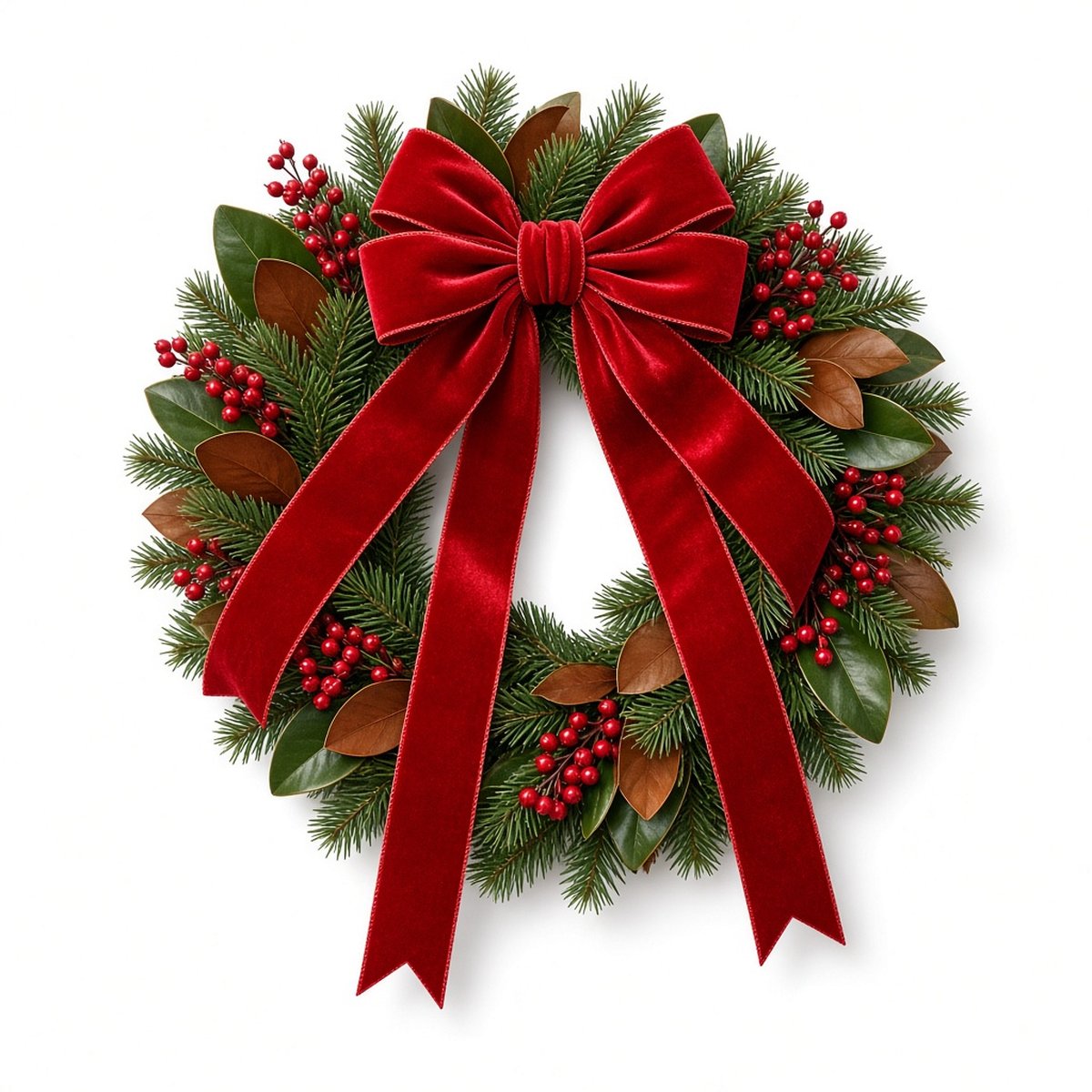 Christmas – evergreen wreath with red velvet bow and red berries