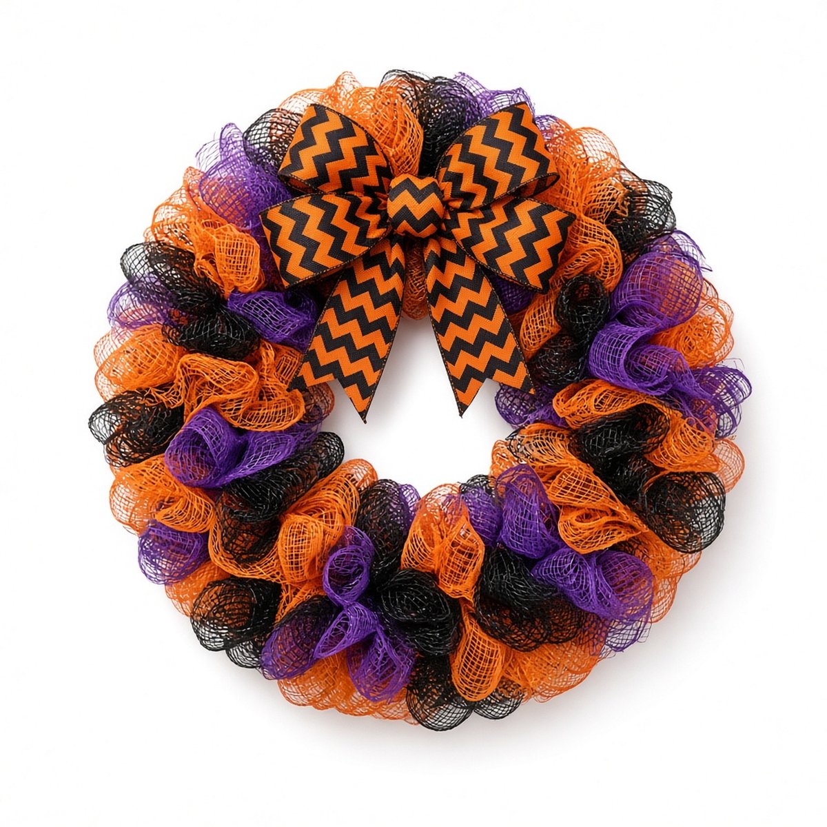 Halloween – orange, purple and black deco mesh wreath with chevron bow