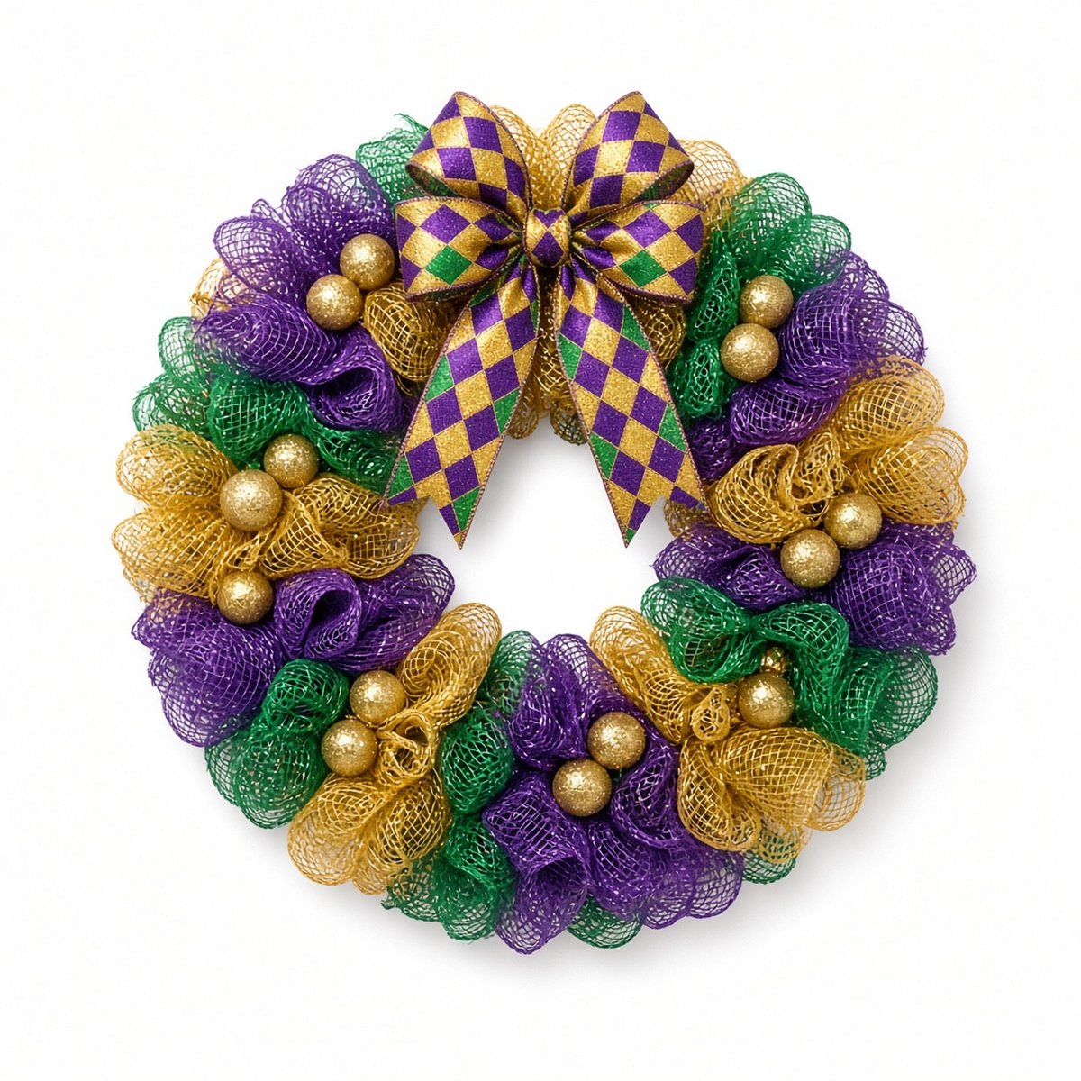 Mardi Gras – purple, green and gold deco mesh wreath with harlequin bow