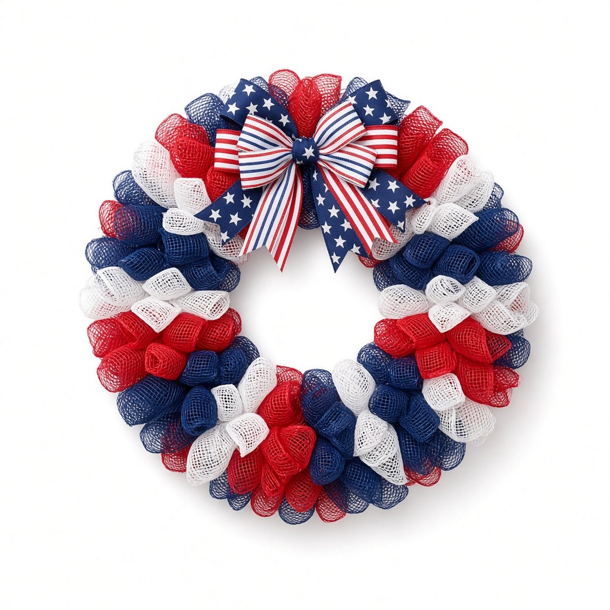 Patriotic – red, white and blue deco mesh wreath with stars-and-stripes bow