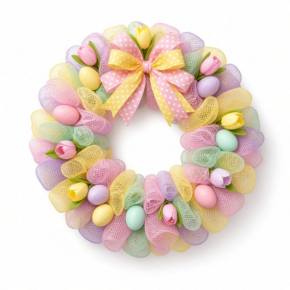 Spring/Easter – pastel deco mesh wreath with Easter eggs, tulips and yellow bow