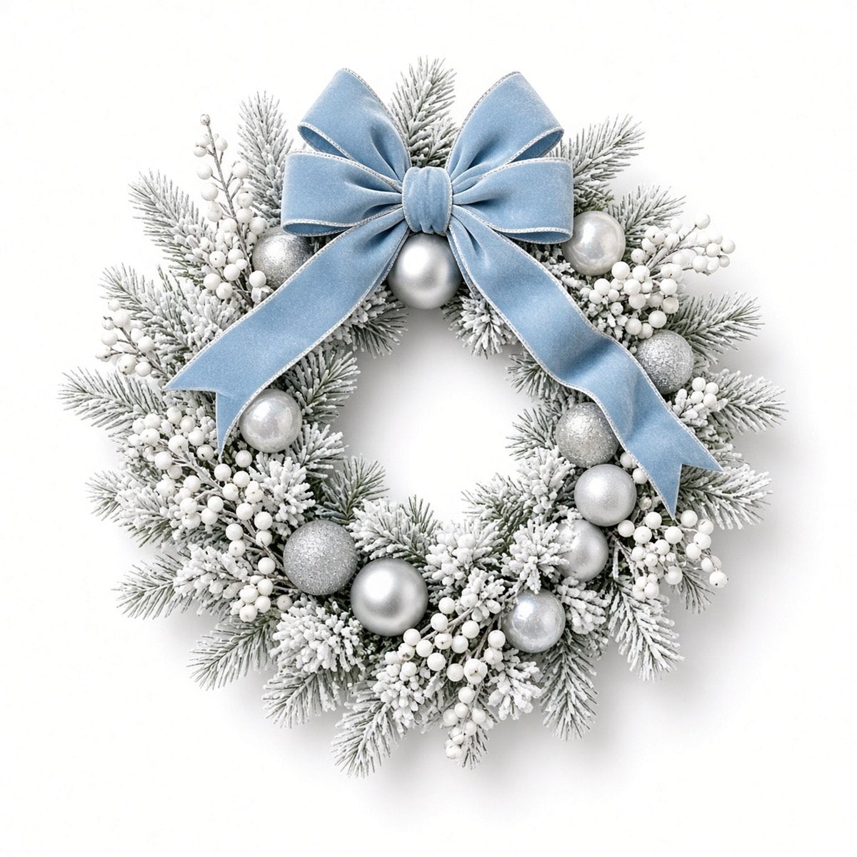 Winter – frosted pine wreath with silver ornaments and blue velvet bow