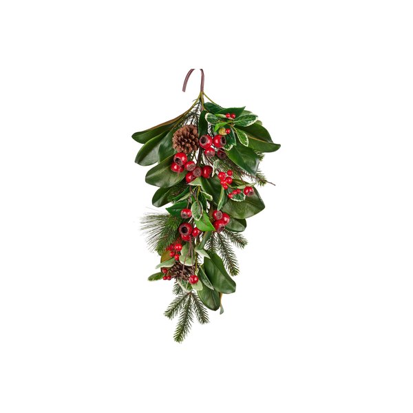 New Arrivals – 24in magnolia, pine and holly teardrop spray on white