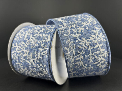 Denim Linen Ribbon With White Glitter Leaf Swirls 2.5’X10Y 78475-40-05