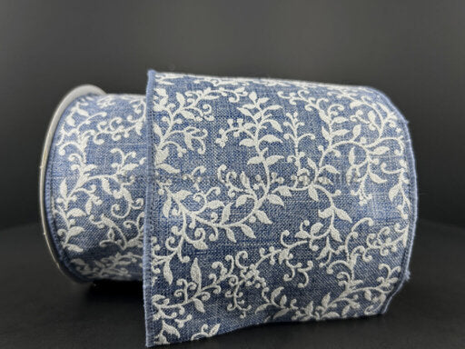 Denim Linen Ribbon With White Glitter Leaf Swirls 4’X10Y 78475-04-05