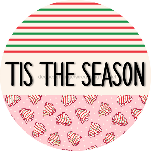 Door Hanger, Christmas Sign, Pink Stripe Christmas Cake Sign, Welcome Sign, 18" Wood Sign, Round Sign, DecoExchange - DecoExchange®