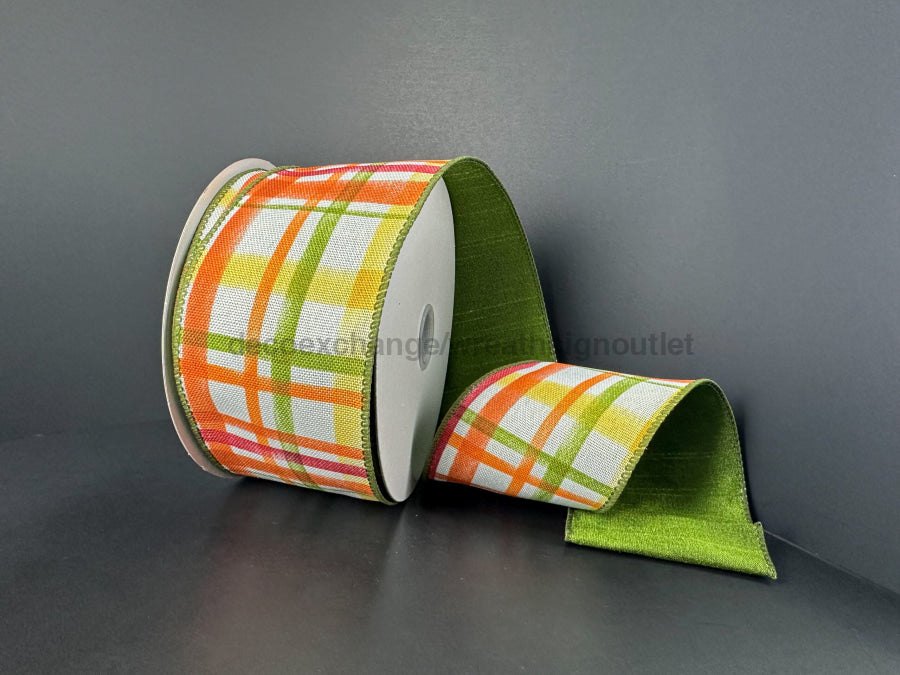 Double-Sided Fall Tuttola Plaid/Moss Dupioni 2.5’’X10Y D61530-40-08 Ribbon