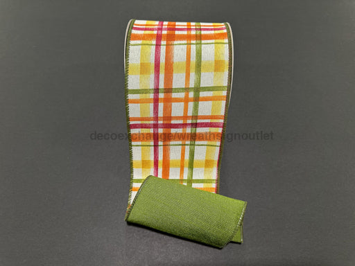 Double Sided Fall Tuttola Plaid/Moss Dupioni 4’’X10Y D61530-04-08 Ribbon